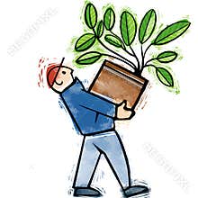 Cartoon Man Carrying Plant