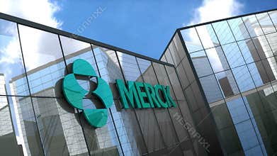 Editorial MERCK & Co logo on glass building.