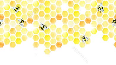 Watercolor seamless border, frame with cute bees and honeycomb. print, banner, on the topic of beekeeping, farming of ecological p