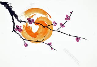 Abstract blossoms and sun watercolor painting in Chinese traditional art style