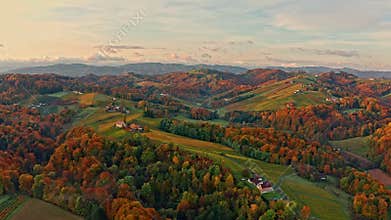 Scenic aerial views of south Styria in Austria on autumn morning.