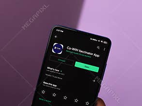 Assam, india - March 10, 2021 : CoWIN app logo on phone screen stock image.