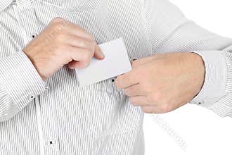 Closeup of man in shirt attach badge card isolated