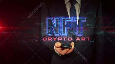NFT crypto art symbol on businessman hand