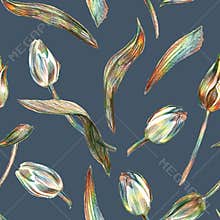 Textured hand drawn flowers tulips seamless pattern on blue gray background.
