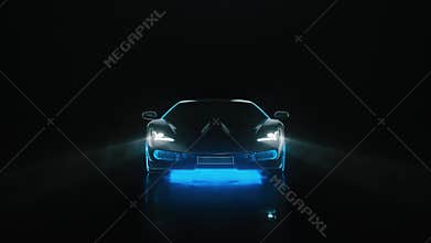 sports car with neon lights turns on the ignition in the dark and goes to the camera