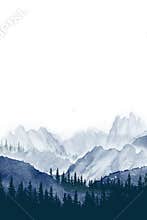 Watercolor painting landscape panorama of pine mountain forest