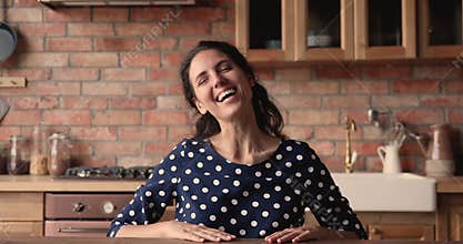 Smiling attractive young woman holding video call meeting.