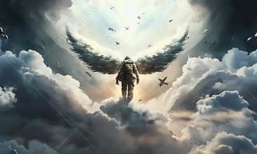 Dying soldier, soul flies to heaven in the clouds