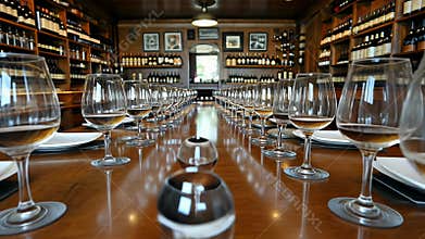 Elegant wine tasting setup in a rustic restaurant with an extensive wine collection