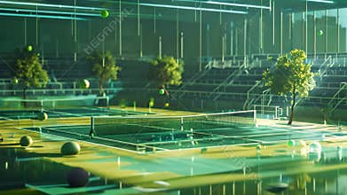 A futuristic tennis court with players competing under a dome, with a cityscape visible in the background, A futuristic