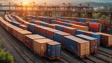 Freight train with cargo containers waiting for delivery at a rail yard at sunset