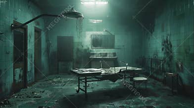 Abandoned surgical room with disarrayed tools and eerie lighting in an old facility