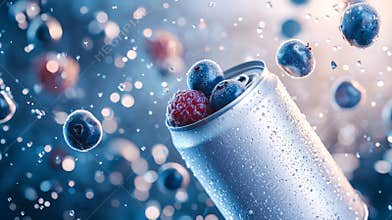 soft-drink can 330ml floating, tilted up slightly, facing camera, little chunks of blue berries in the air scattered too