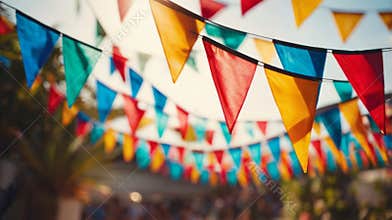 Colorful triangle flags hanging at summer festival