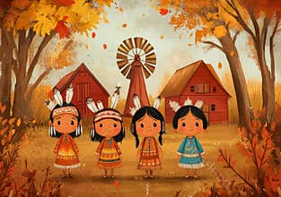 Animated cartoon of native Indian Americans on a farm