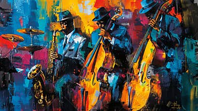 Vibrant painting of a jazz band with a saxophonist and double bassist. Abstract illustration, music