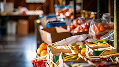 Food bank shelves stocked with fresh fruit and non perishable food for donation
