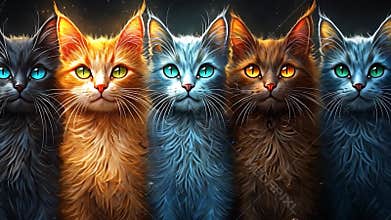 Four colorful cats with mesmerizing eyes pose against a dark backdrop, whiskers twitching and fur gleaming under the