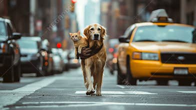 Golden Retriever Carrying Orange Cat Across Busy City Street