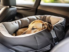A top-down view of a luxury dog car bed with plush cushioning and waterproof fabric, set in a car&#x27;s back seat.