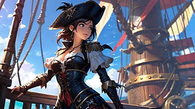 Young beautiful anime woman, a captain of a pirate ship floating in enchanting fantasy world, HD animation