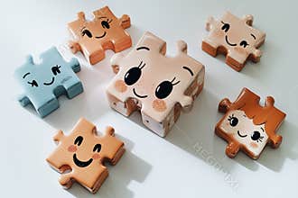 Colorful cartoon puzzle pieces with cheerful faces on a bright background.