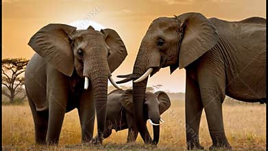 Baby elephant with his parents in Africa.
