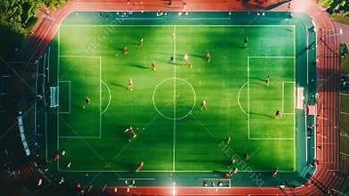 An aerial view of a soccer game at night, showing the players competing on the field, Exploring the intricacies of player