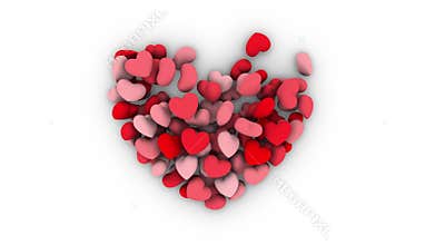 Abstract animation of heart shaped elements spreading and forming a big heart with pink and red colors