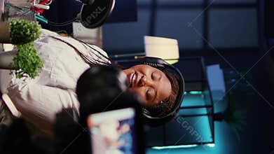 Vertical video Influencers in studio using high tech camera for internet show production