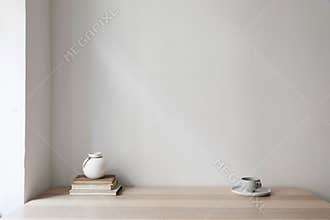 Modern interior, japandi home design. White vase, cup of coffee and old books on wooden table. Beige wall mockup