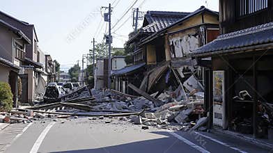 Earthquake in Japan. View of the ruined street