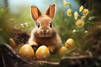 Easter bunny with colorful eggs on a spring flower meadow
