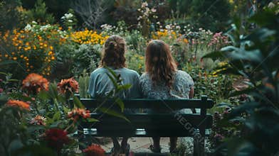 In the midst of the garden two individuals sit on a bench backs to the camera as they engage in deep conversation