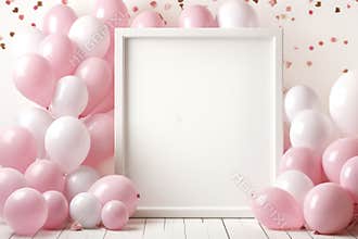Greeting card with empty frame and pink balloons for birthday or celebration events. Generative AI