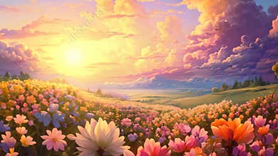 Beautiful fantasy landscape with meadow and flowers. Digital painting, Colorful flower garden and beautiful sky landscape, AI