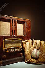 Antique Radio With Baseball Mit And Glove