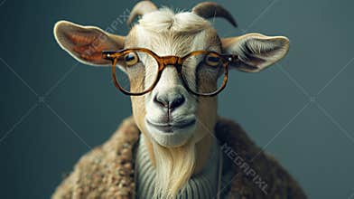 A goat wearing glasses and a sweater with brown hair, AI
