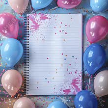 Invitation card mockup, lined sheet of paper and pink with blue balloons.