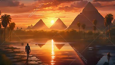 Landscape with ancient Egyptian pyramids, beautiful sky and sunset. The concept of ancient history. AI-generated.