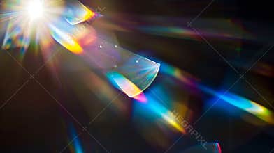 Generative AI Blue light flare prism rainbow flares overlay effect on black background light crossing crystals pri