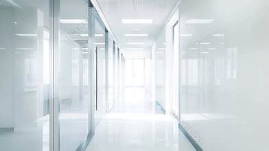 Generative AI Empty corridor hallway of modern white office building room with glass entrance door business blur b
