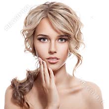 Beautiful Blonde Girl. Healthy Long Curly Hair.