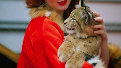 Woman in red cloak with fur pats cub of lynx on