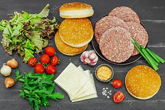 Burger patties. Beef cutlets, buns, vegetables and sauce. Homemade American classic