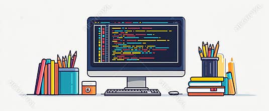 Modern workspace with computer displaying colorful code, surrounded by books and pencils for creative and educational