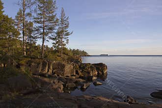 Landscape of Karelia with Lake Ladoga and a liner in the distance