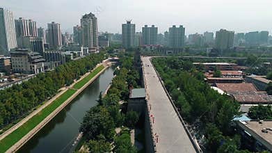 Aerial drone view of ancient city wall in Xian. Xian in China panorama from drone. Fortifications of Xian City Wall. Xian old town