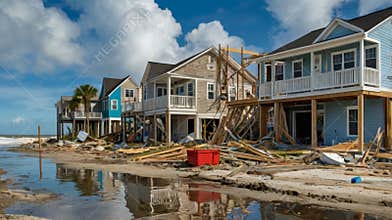 Hurricane leaving damaged houses and debris on the beach